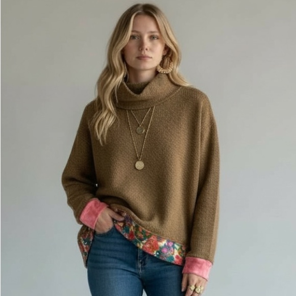 Zara Upcycled Boho Camel Tan Sweater Floral Pink Hem Colorblock L XL